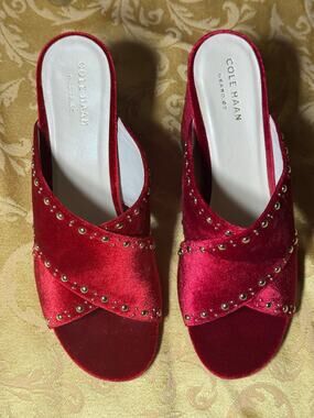 Cole Haan Grand.OS Red Velvet Studded Mule Heels Women's Size 7.5 NIB